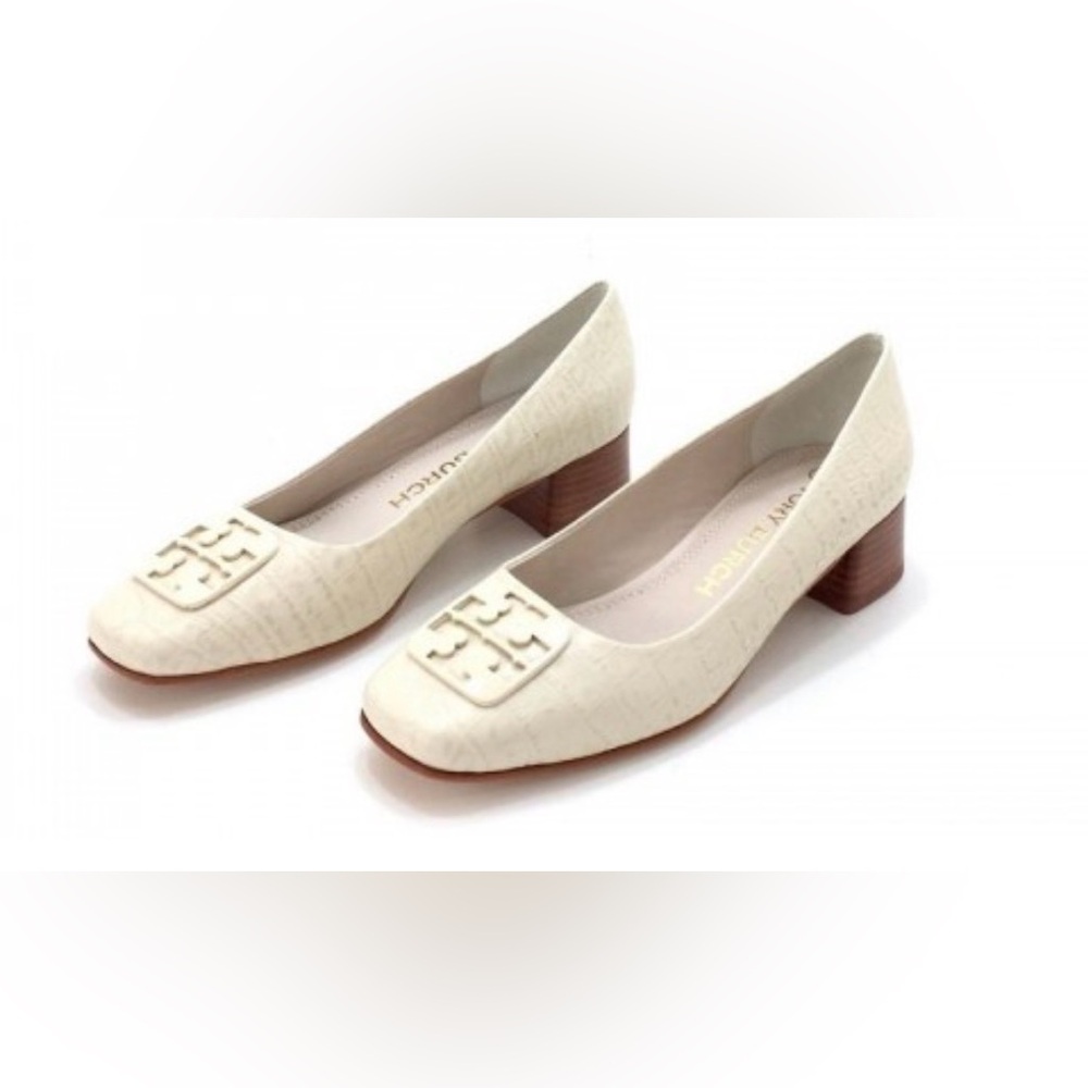 Tory Burch Georgia Logo Pumps Women 10.5M Cream Croco Heels EXCELLENT
